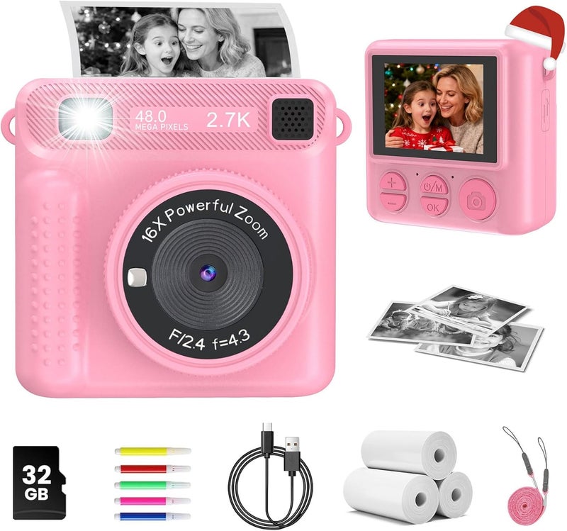 JPVERLY Kids Instant Print Camera - Christmas Birthday Gift for Boys and Girls Ages 3-12, Kids Digital Camera Toys with 1080P HD Video, 32GB Card (Pink Pro) - Image 1